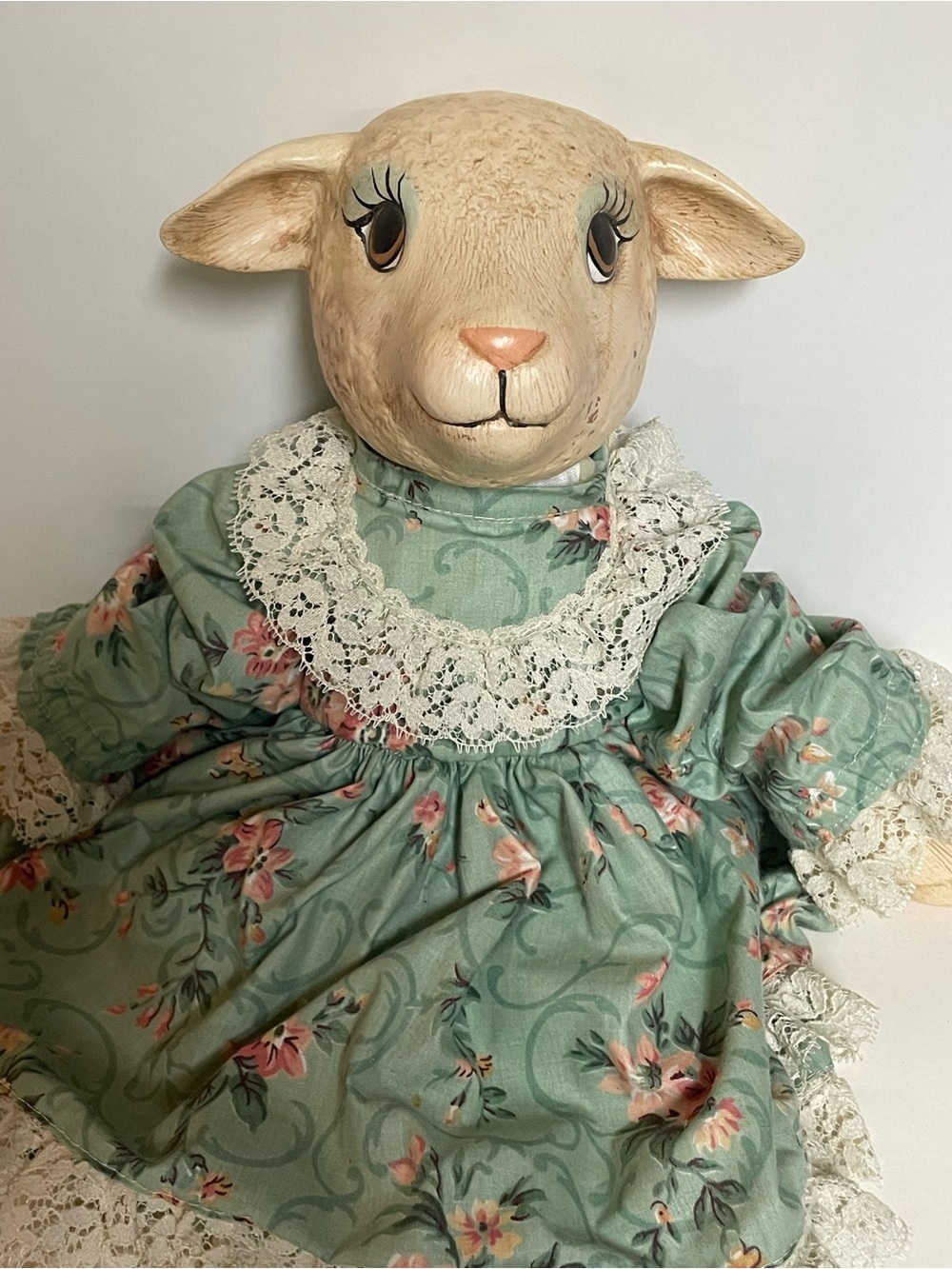 Vintage Lamb Doll in Sage Floral Dress with Lace